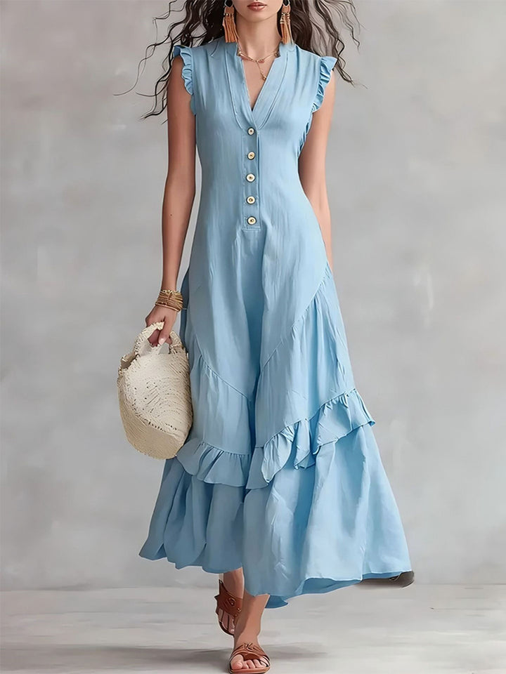 Elegant Ruffled Cotton Linen Sleeveless Dress