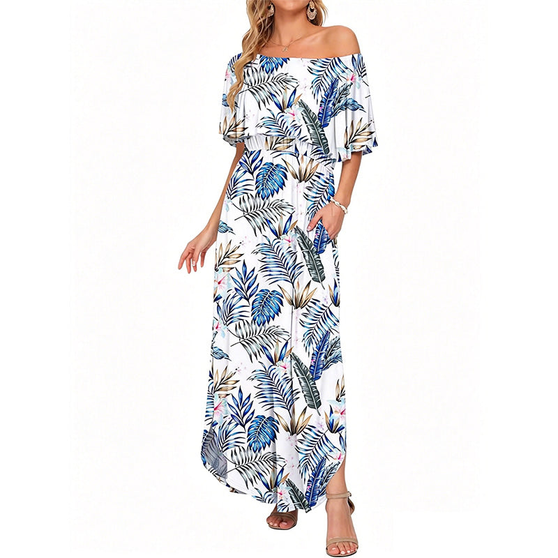 Printed off-shoulder short-sleeved long dress