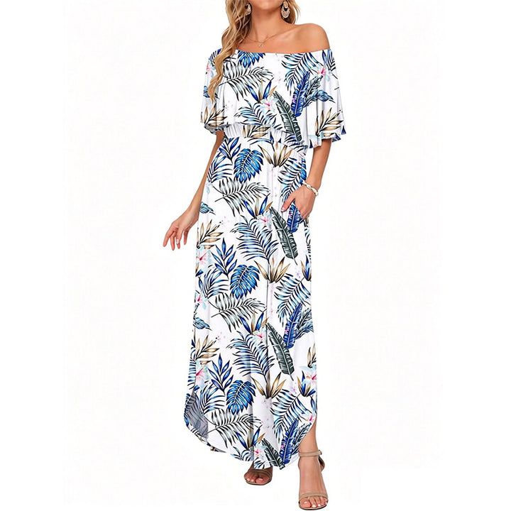 Printed off-shoulder short-sleeved long dress