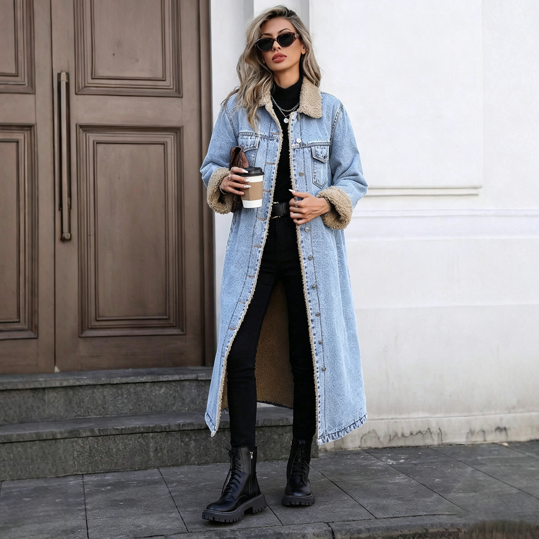 Women Oversized Fleece Lined Long Denim Jacket