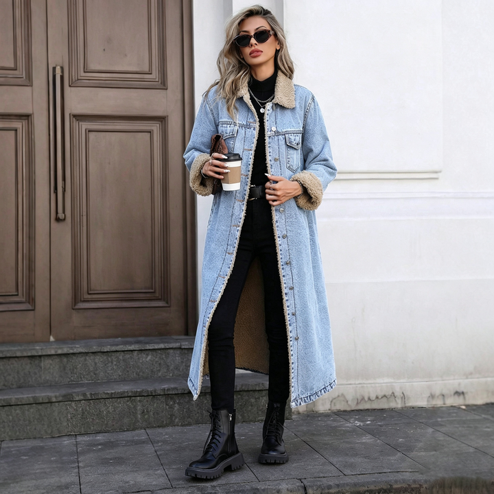 Women Oversized Fleece Lined Long Denim Jacket