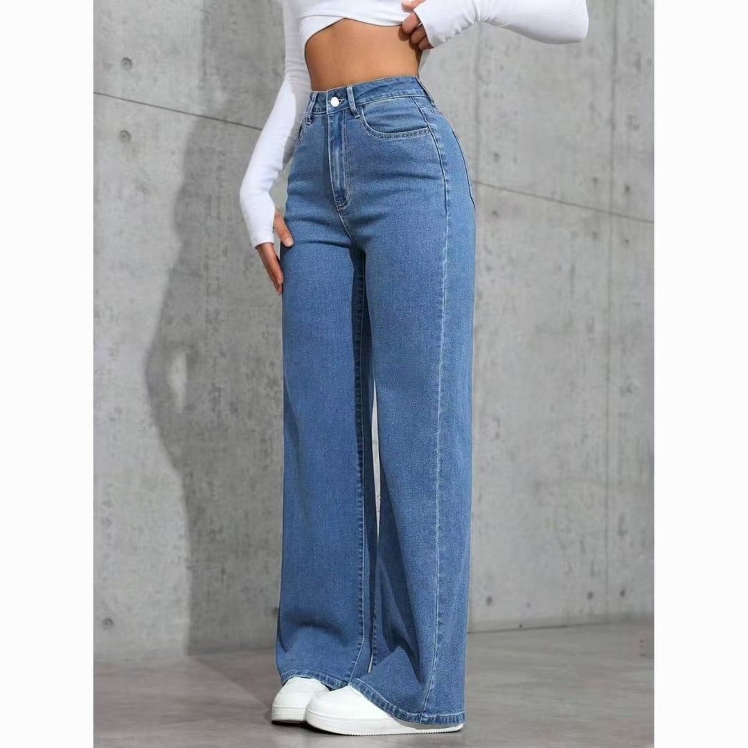 High-Waisted Wide Leg Blue Jeans, Casual Full-Length Denim Pants