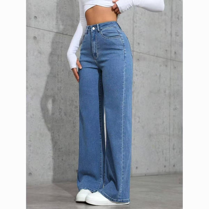 High-Waisted Wide Leg Blue Jeans, Casual Full-Length Denim Pants