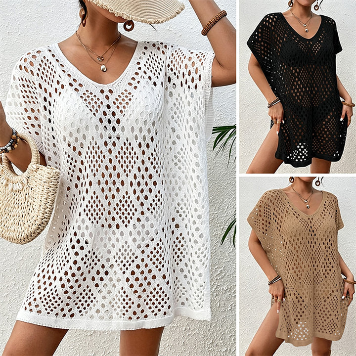 Loose-fitting mid-length openwork beach cover-up