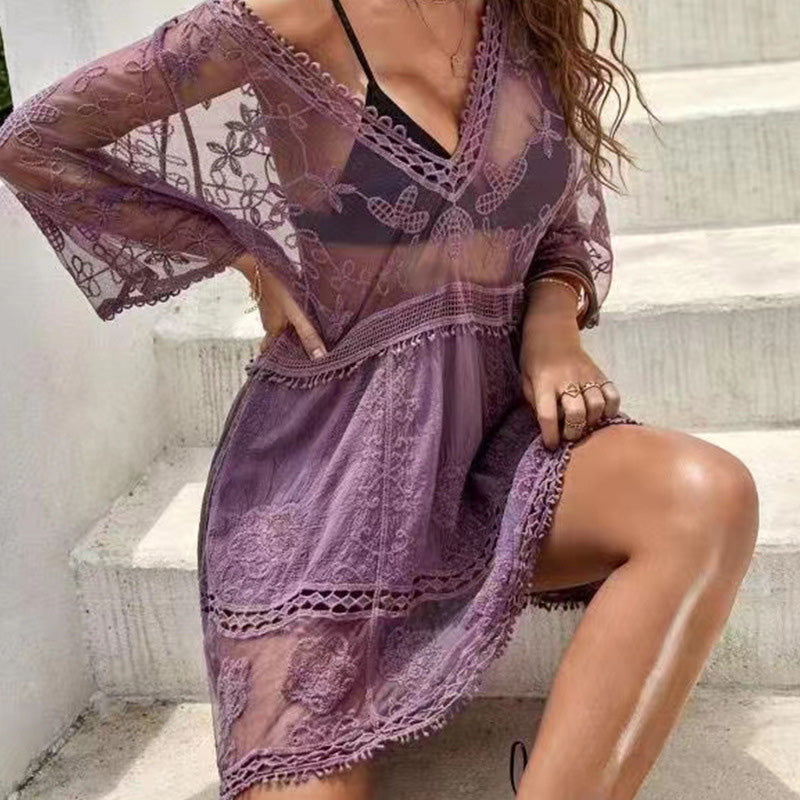 V-neck lace embroidered cover-up