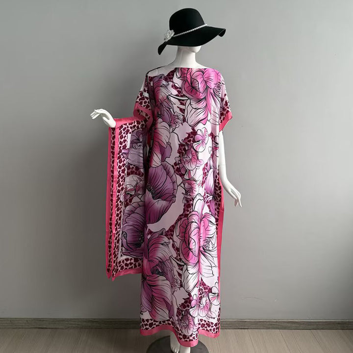 Elegant Casual Loose Fit Maxi Dress with Headscarf Two Piece Fashion Set