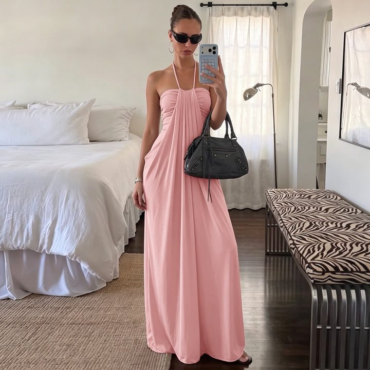 Draped Halter Neck Soft Jersey Midi Slip Dress in Pale Sky Blue