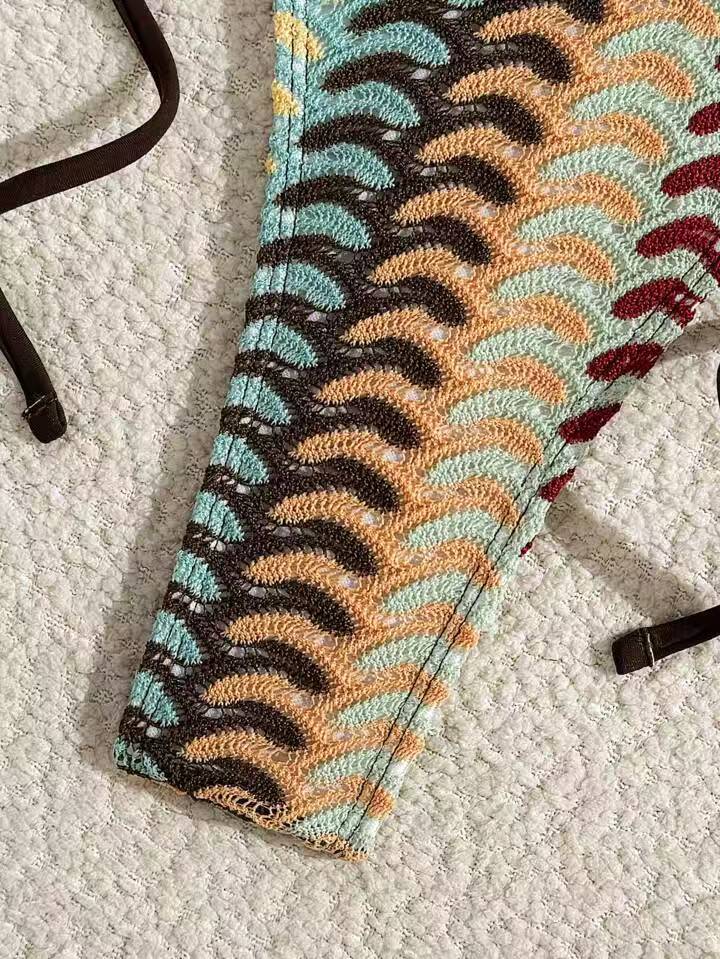 Bohemian Wave Knit Triangle Bikini Set with Shell Accents