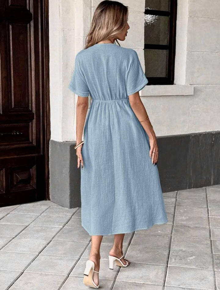 Crinkle Texture Tie Front V Neck Short Sleeve Midi Swing Dress With Pockets