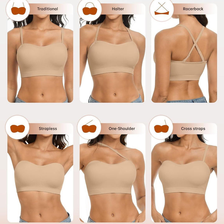 6-in-1 Convertible Seamless Ribbed Bralette, Multi-Way Strapless/Traditional/Halter Bra