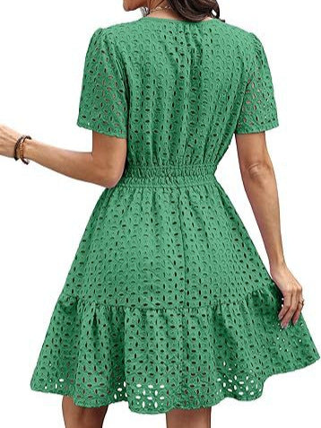 Eyelet Embroidery Short Sleeve Mini Dress, Smocked Waist Casual Summer Dress