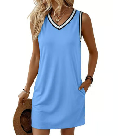 Contrast Piping Sleeveless V Neck Mini Athletic T-Shirt Dress With Pockets