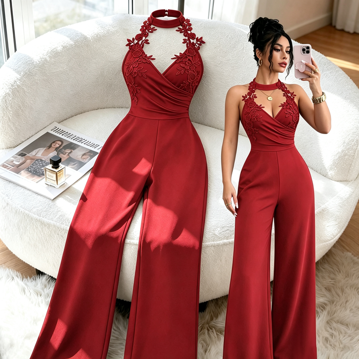 Halter Floral Lace Applique Wide Leg Jumpsuit