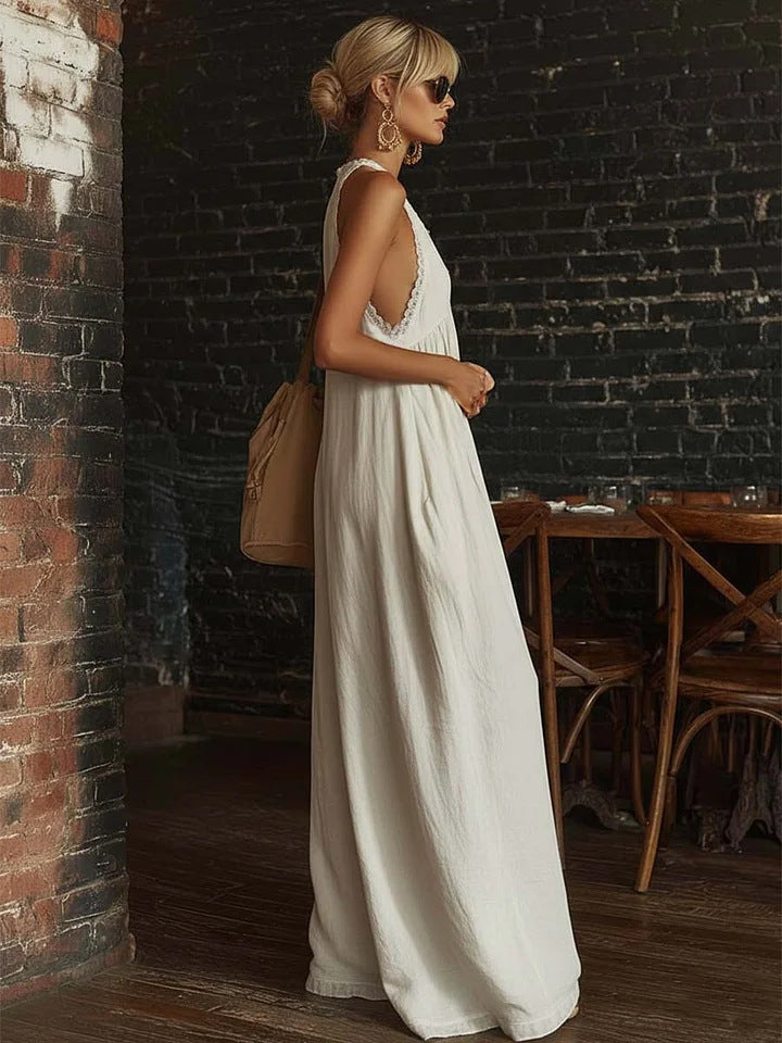 White Lace Trim Halter Deep V Wide Leg Linen Blend Jumpsuit with Side Pockets