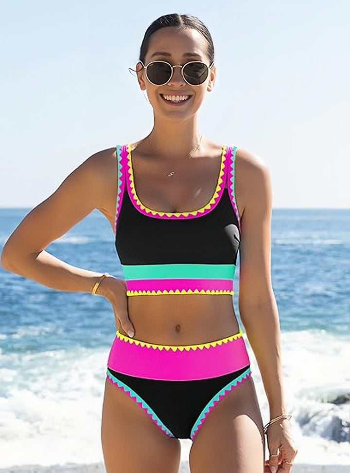 Neon Trim 3-Piece Tankini Swim Set with Skirt