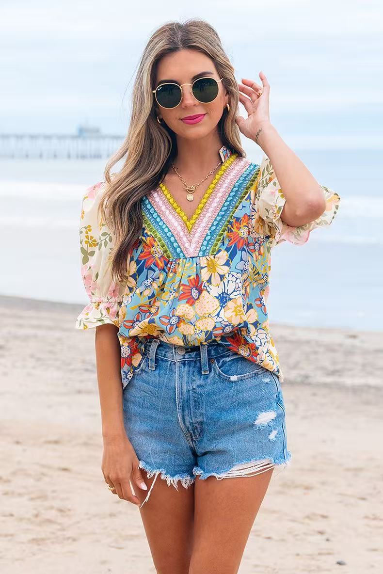 Boho Floral Puff Sleeve Blouse, V-Neck Colorful Embroidered Peplum Top
