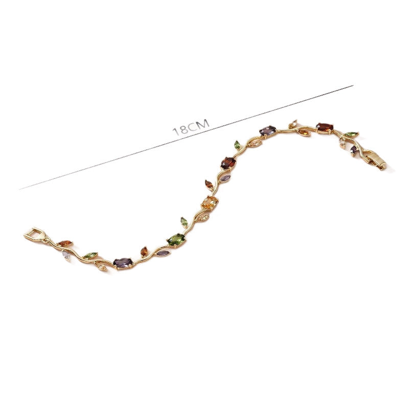 Gold Tone Multicolor Gem Vine Leaf Bracelet | Vintage Nature-Inspired CZ Cuff