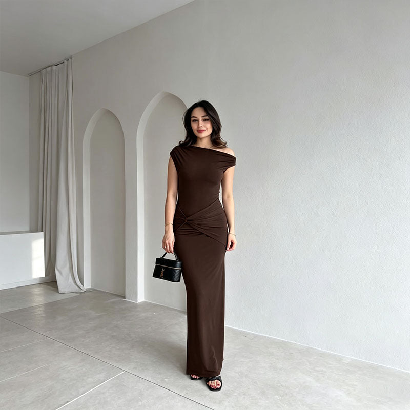 One-shoulder ruched and slit dress