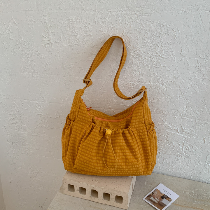 Drawstring Checkered Hobo Shoulder Bag