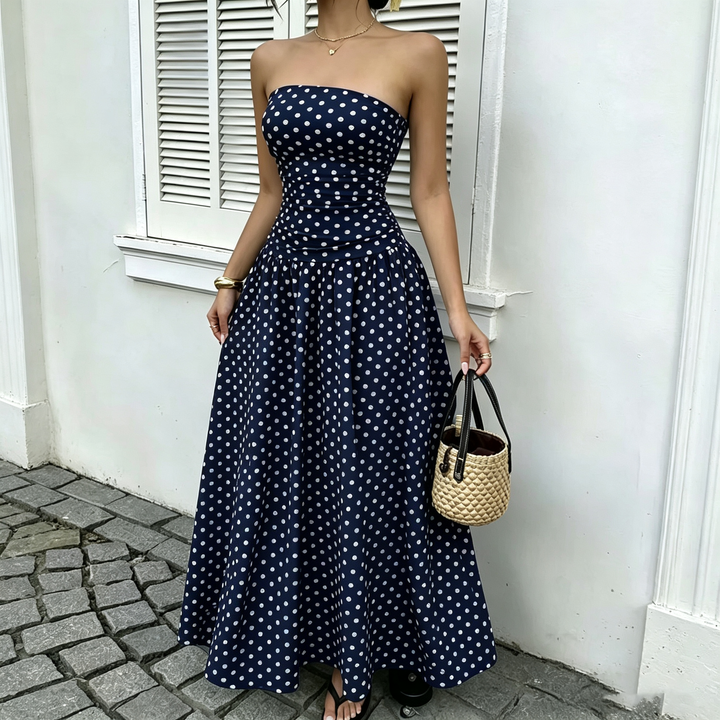 Retro Polka Dot Strapless Ruched Flowy Long Dress