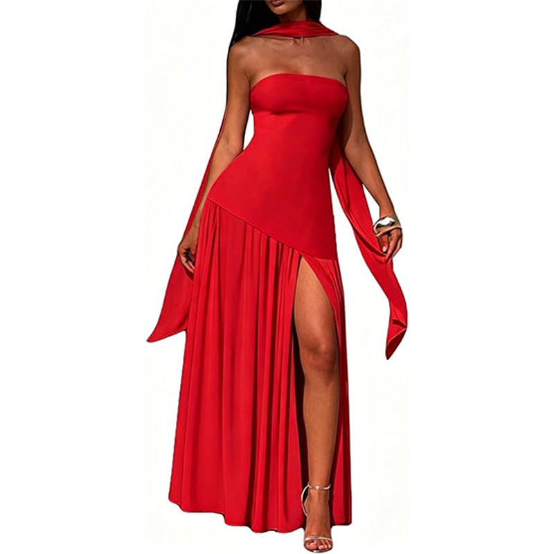Stylish strapless solid color backless slit dress