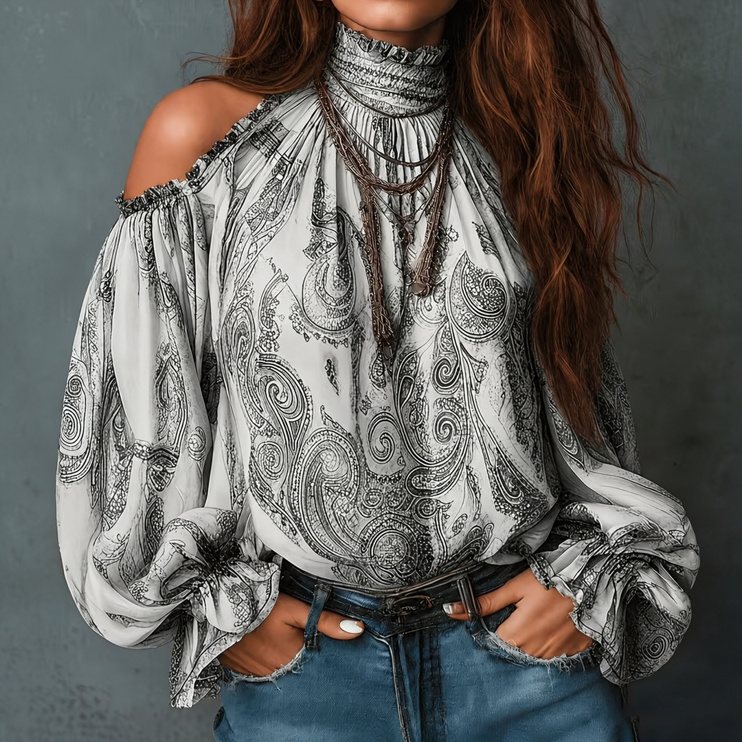 Cold Shoulder Ruffle High Neck Blouse