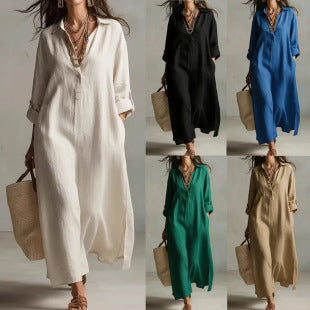 Linen Blend Half-Button Midi Shirt Dress