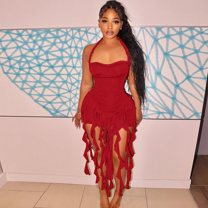 Fringe Halter Bodycon Midi Party Dress