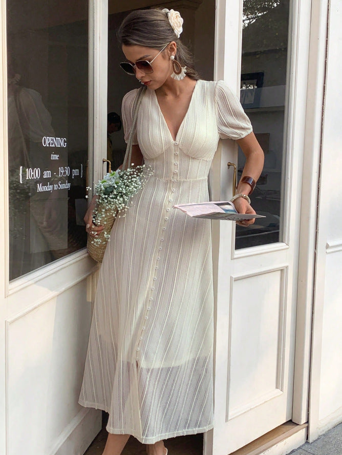 French V-Neck Puff Sleeve Textured Button Down A-Line Midi Dress | Cream Ribbed Romantic Midi