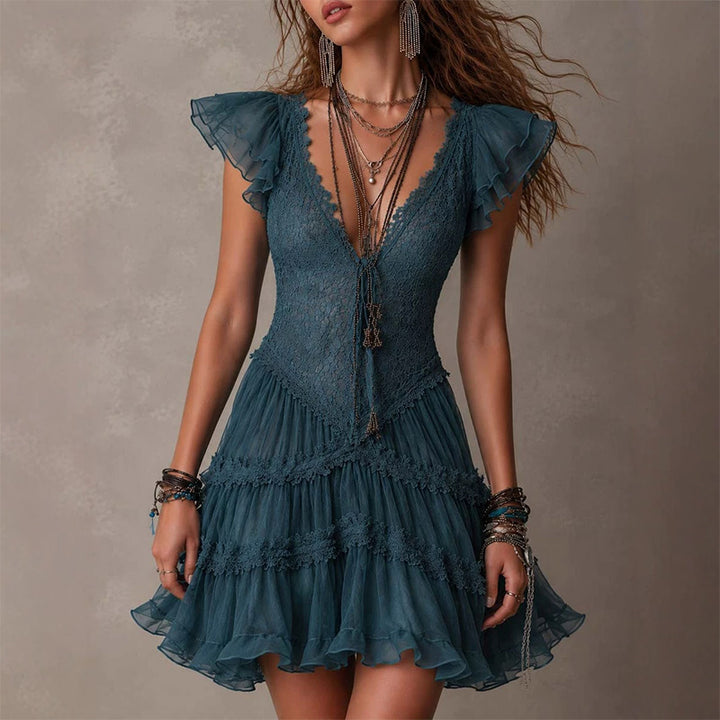 Lace Flutter Sleeve Tiered Mesh Cake Mini Dress