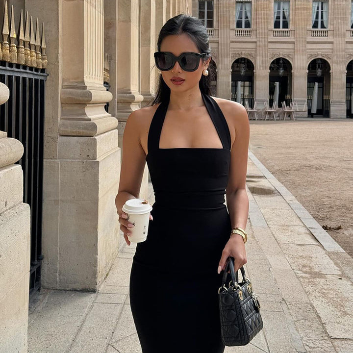 Black Halter Neck Midi Dress, Sleeveless Bodycon Cocktail Dress for Women