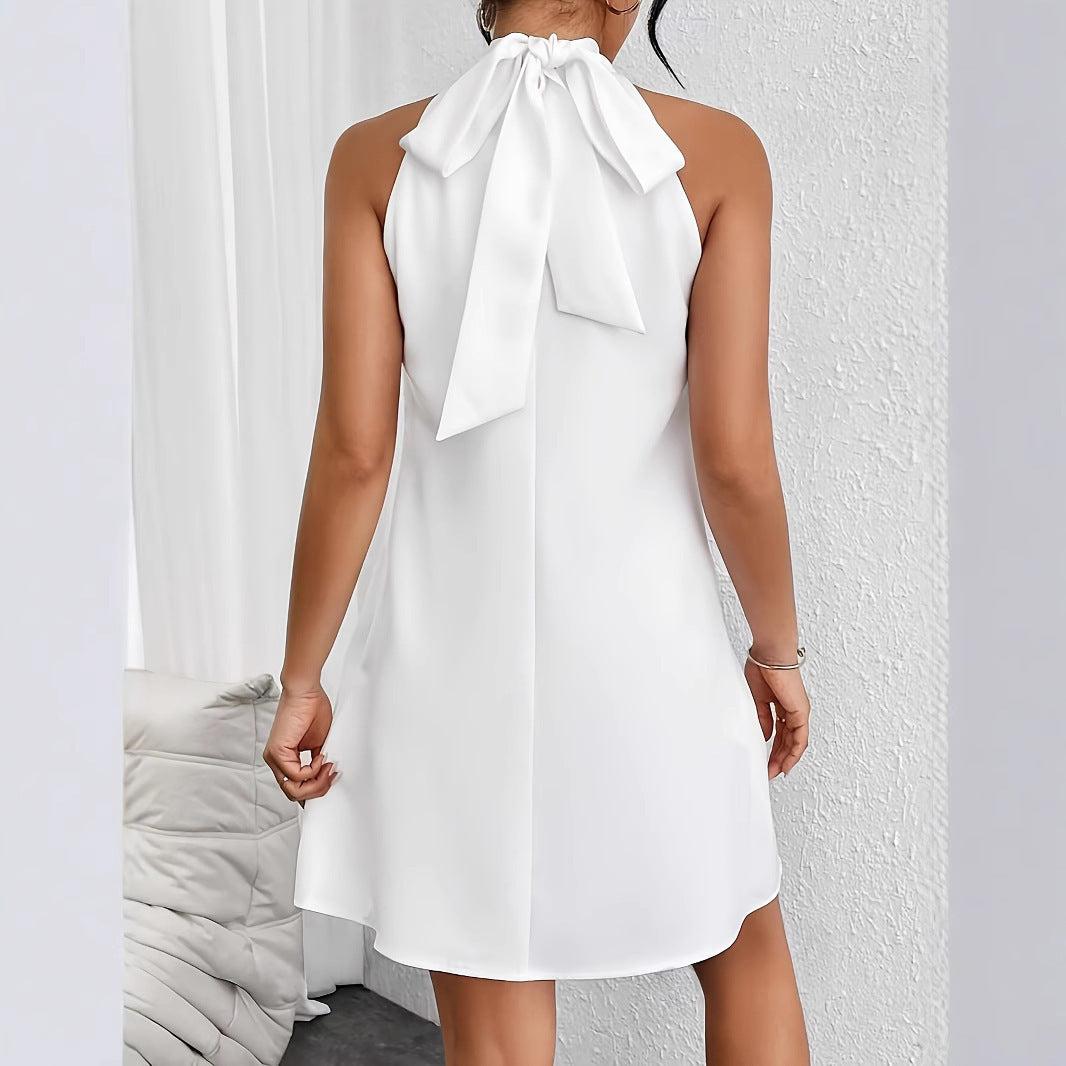 Halter Twist Pearl Embellished Mini Dress | Open Back Bow Tie Satin Babydoll Dress