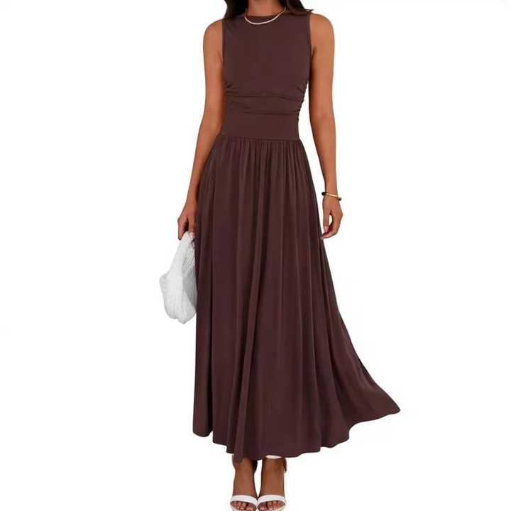 Round neck, side pleats, high-waisted maxi dress
