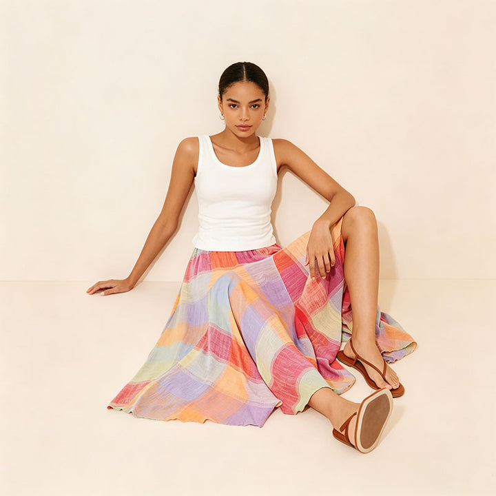 Mid-length colorful plaid skirt