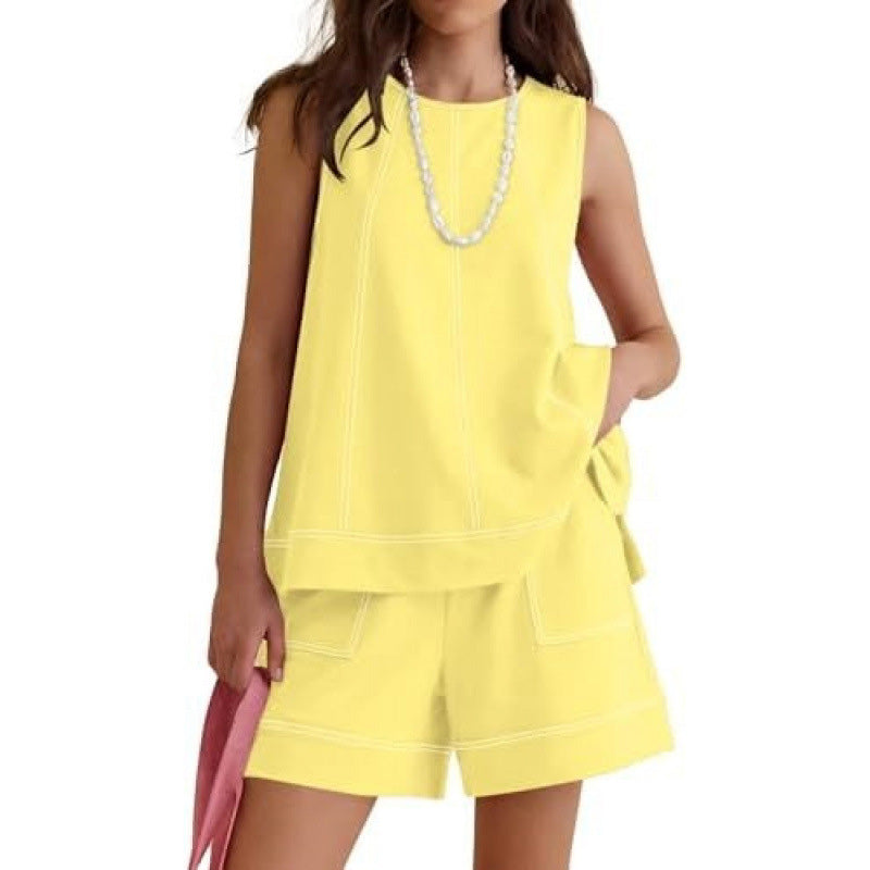 Summer round neck sleeveless vest and drawstring shorts set