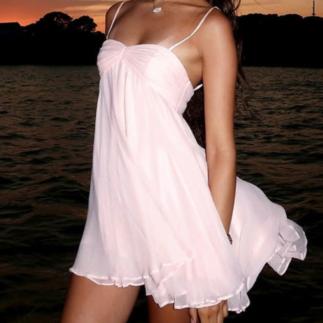 Open Back Y2K Cami Dress | Spaghetti Strap Ruched Bust Chiffon Babydoll Mini Dress