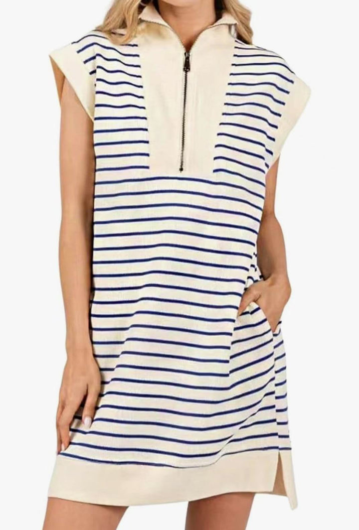 Breton Stripe Half-Zip Cap Sleeve Shift Dress
