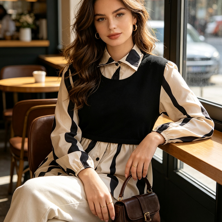 Panel Collar Peplum Abstract Pattern Shirt