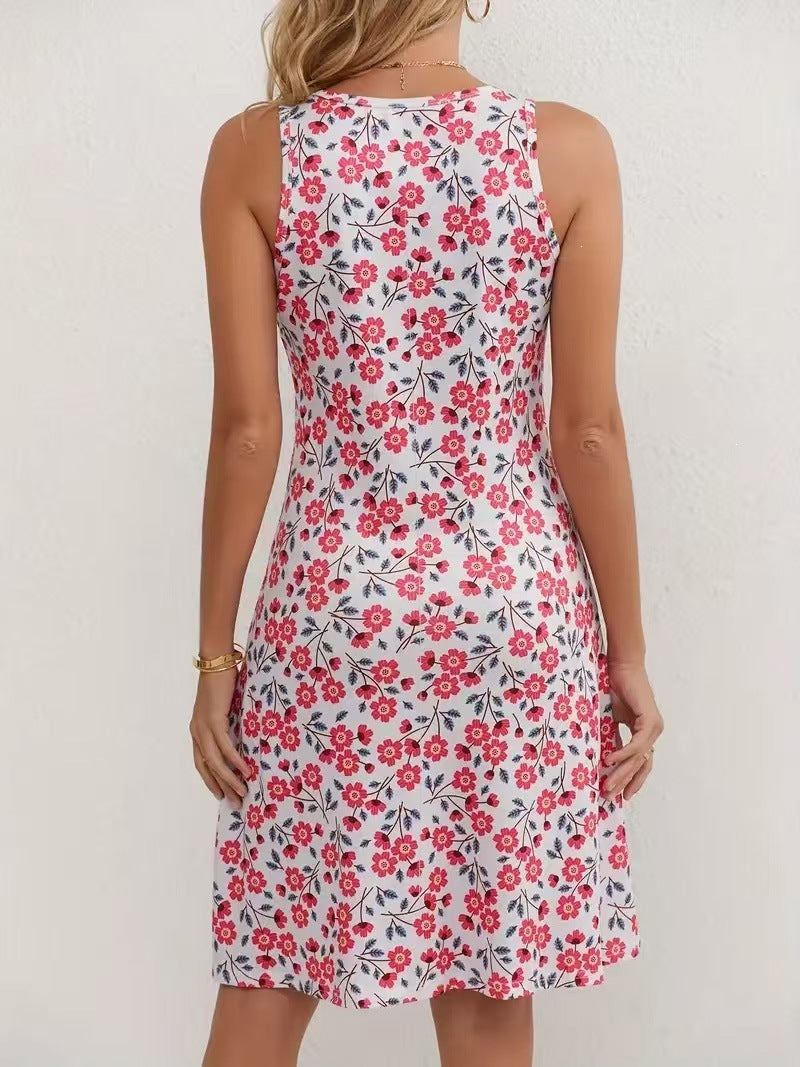 V-Neck Sleeveless Floral A-Line Midi Dress | Pink Cherry Blossom Romantic Midi