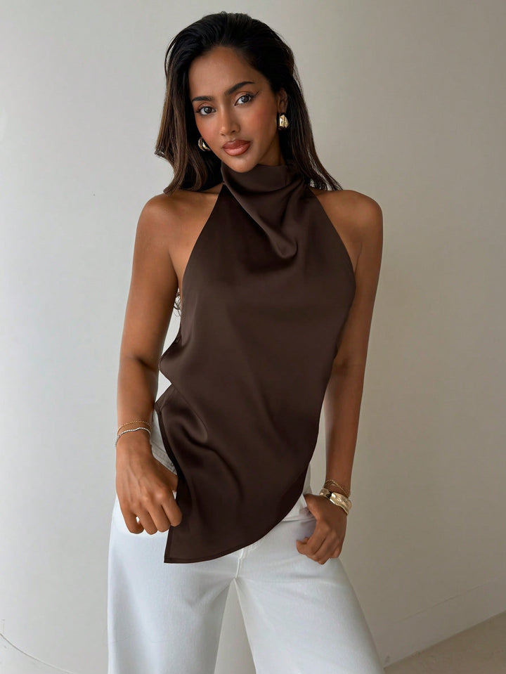 Backless Halter Neck Satin Top | Luxury Open Back Blouse for Women