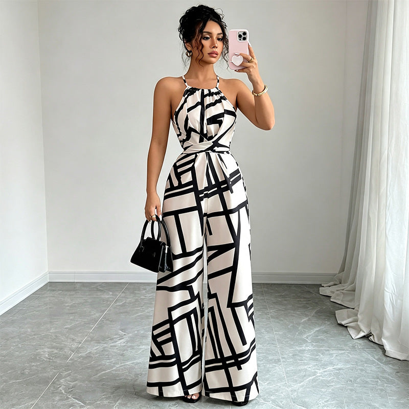 Halter-neck loose-fitting printed wide-leg jumpsuit