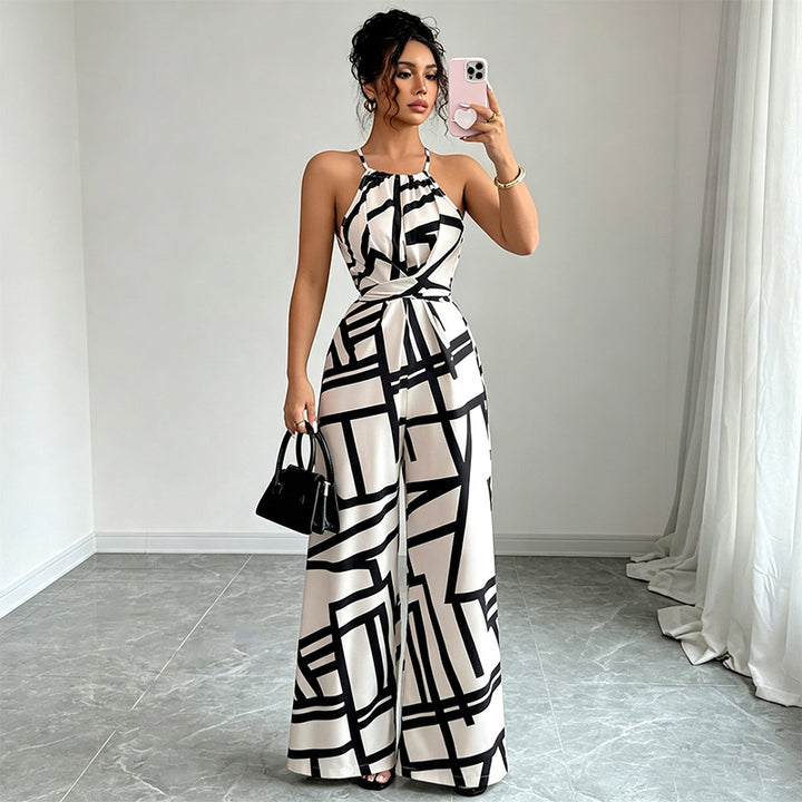 Halter-neck loose-fitting printed wide-leg jumpsuit