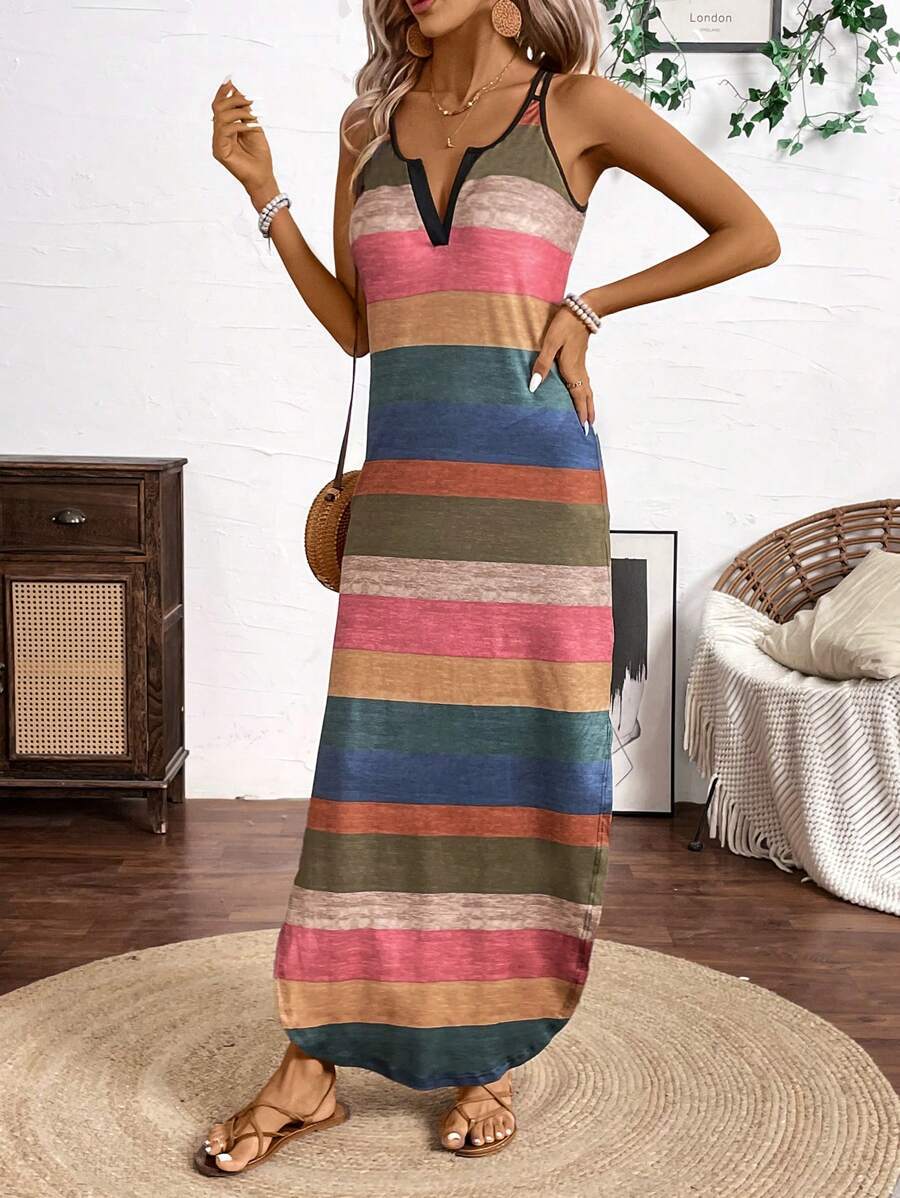 Multicolor Striped V-Neck Sleeveless Maxi Dress