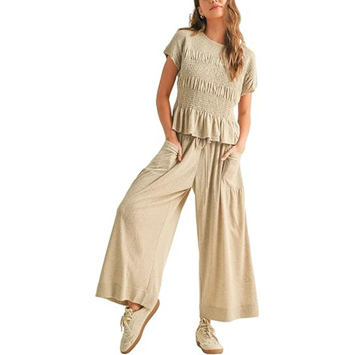 Beige Linen-Blend Smocked Peplum Top &amp;amp; Wide-Leg Pants Set