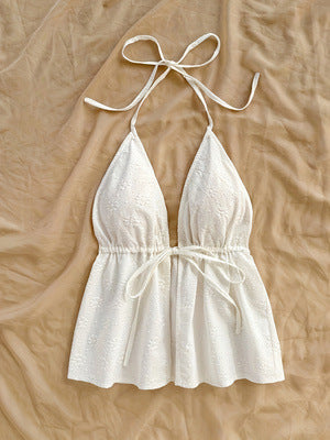 Deep V Halter Tie Front Peplum Crop Cami Top | Cream Textured Romantic Crop
