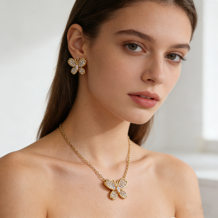 Exquisite Gold Necklace &amp;amp; Earring Set Sparkle—Effortlessly Yours.