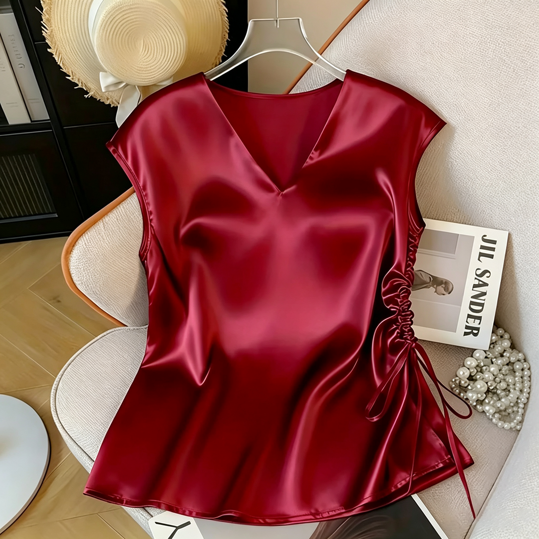 Satin V Neck Cap Sleeve Drawstring Top