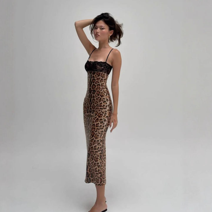 Leopard Print Sequin Midi Dress with Lace Bustier, Spaghetti Strap Bodycon Party Dress for Women