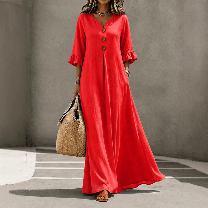 Solid color V-neck loose-fitting maxi dress