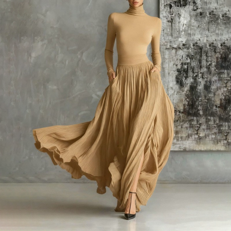 Turtleneck Top &amp; Pleated Maxi Skirt Set